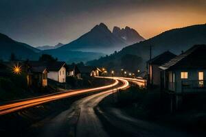 un la carretera en el montañas a puesta de sol. generado por ai foto