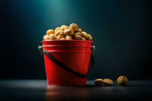 walnuts in a red bucket. AI-Generated photo