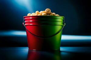 a bucket filled with peanuts on a dark background. AI-Generated photo
