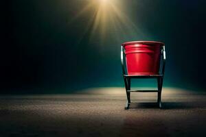 a red bucket sitting on a chair in front of a bright light. AI-Generated photo