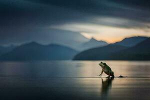 a frog standing on the edge of a lake at sunset. AI-Generated photo