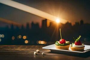 food on a plate with a cityscape in the background. AI-Generated photo