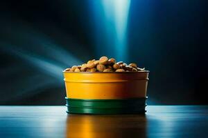 a yellow and green tin with nuts in it. AI-Generated photo