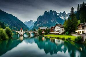 photo wallpaper the sky, mountains, bridge, house, river, lake, house, house,. AI-Generated