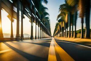 a blurry image of a road with palm trees. AI-Generated photo