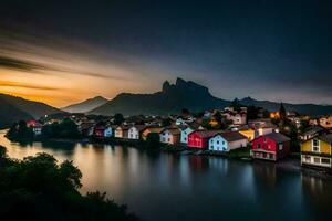 vistoso casas en el bancos de un río a puesta de sol. generado por ai foto