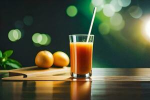 orange juice in a glass on a wooden table. AI-Generated photo