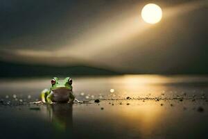 un rana sentado en el playa a noche con el Luna en el antecedentes. generado por ai foto
