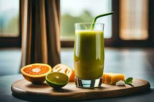 a glass of green smoothie with orange slices and cheese. AI-Generated photo