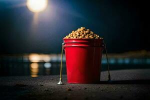 a bucket of fish on the beach at night. AI-Generated photo