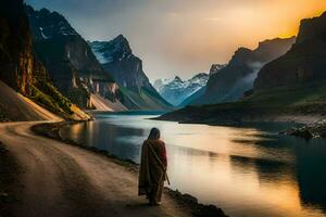 un mujer camina a lo largo el la carretera en frente de un lago. generado por ai foto