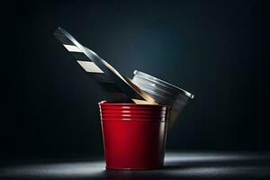 a red bucket with a movie clapper in it. AI-Generated photo