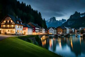 photo wallpaper the sky, mountains, river, bridge, town, house, house, house,. AI-Generated