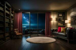 a living room with a couch, bookshelf and a window overlooking the ocean. AI-Generated photo