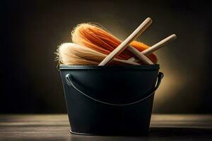 a bucket filled with brushes and hair. AI-Generated photo