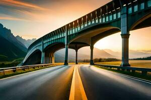 un autopista puente con un puesta de sol en el antecedentes. generado por ai foto