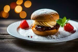 a strawberry and cream sandwich on a plate. AI-Generated photo