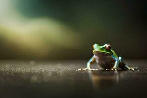 a frog sitting on the ground with a blurry background. AI-Generated photo