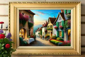 a painting of a street scene with flowers and flowers. AI-Generated photo