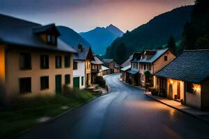 photo wallpaper the sky, mountains, road, houses, the village, the road, the village. AI-Generated