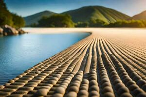 a long line of rocks on the beach. AI-Generated photo