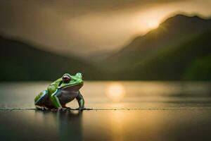 un rana sentado en el borde de un lago a puesta de sol. generado por ai foto