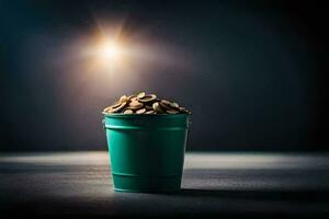 a bucket filled with coins on a dark background. AI-Generated photo