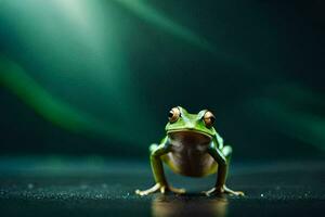 a frog is standing on a dark background. AI-Generated photo