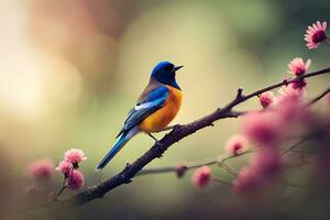 un azul y naranja pájaro se sienta en un rama con rosado flores generado por ai foto