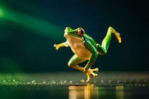 a frog jumping on a wet surface. AI-Generated photo