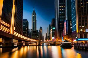 chicago river at night with buildings and lights. AI-Generated photo