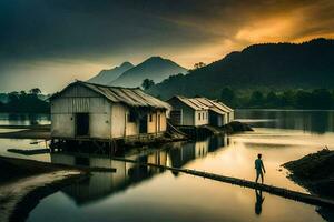 a man stands on the shore of a lake with a house in the background. AI-Generated photo