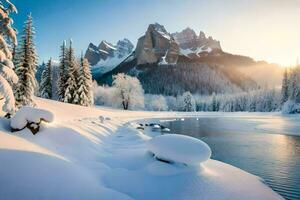 photo wallpaper the sky, snow, mountains, river, trees, lake, sun, mountains,. AI-Generated