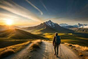 a man with backpack walking on a road in the mountains. AI-Generated photo