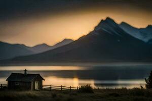 a cabin sits on the shore of a lake with mountains in the background. AI-Generated photo