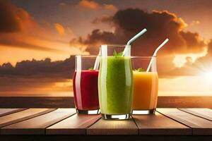 three glasses of smoothies on a wooden table. AI-Generated photo