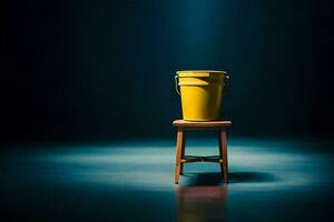 a yellow bucket sitting on a wooden stool. AI-Generated photo