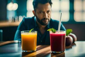 a man sitting at a table with two glasses of juice. AI-Generated photo