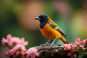 un pájaro es sentado en un rama con rosado flores generado por ai foto