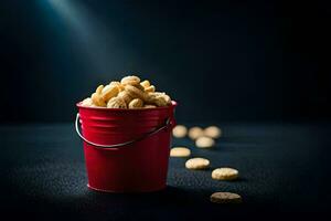 a red bucket filled with peanuts on a black background. AI-Generated photo