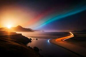 a rainbow light shines over the ocean and a road. AI-Generated photo