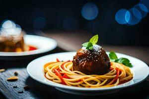 spaghetti with meatballs on a plate. AI-Generated photo