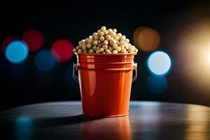 a bucket of soybeans on a table in front of a blurred background. AI-Generated photo