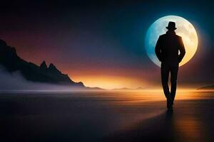 a man in a hat and suit standing on the beach with the moon in the background. AI-Generated photo