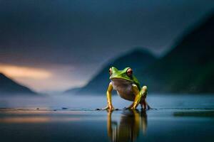 a frog standing on the edge of a lake at sunset. AI-Generated photo