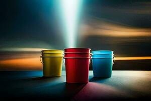 three buckets of different colors on a table. AI-Generated photo