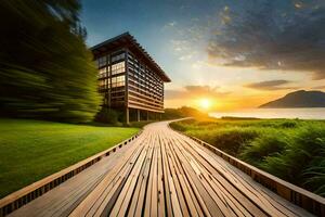 a wooden walkway leads to a building with the sun setting behind it. AI-Generated photo