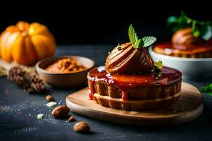 pumpkin cake with a cherry sauce and nuts. AI-Generated photo
