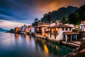 a beautiful sunset over a river and houses. AI-Generated photo