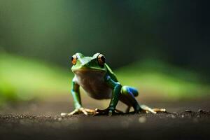 a frog is standing on the ground with its eyes open. AI-Generated photo